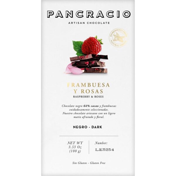 Chocolate Negro Con Frambuesa Y Rosas PANCRACIO 64% Cacao 100g